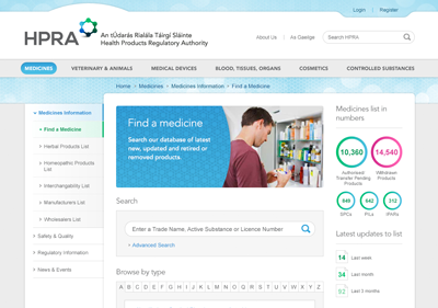 Over 10,000 medicines & 150 lists of generics are available making it the largest resource in Ireland. HPRA