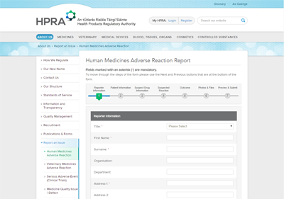 Forms for reporting safety & quality concerns are stepped and user friendly. HPRA